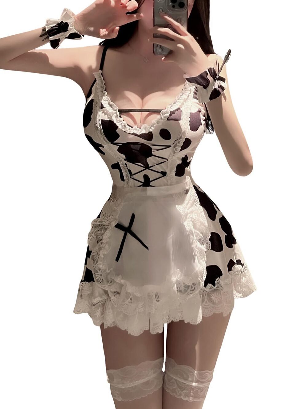 4487 Sexy Lingerie Dress French Maid Babydoll Strap lace Costume SetC-Black